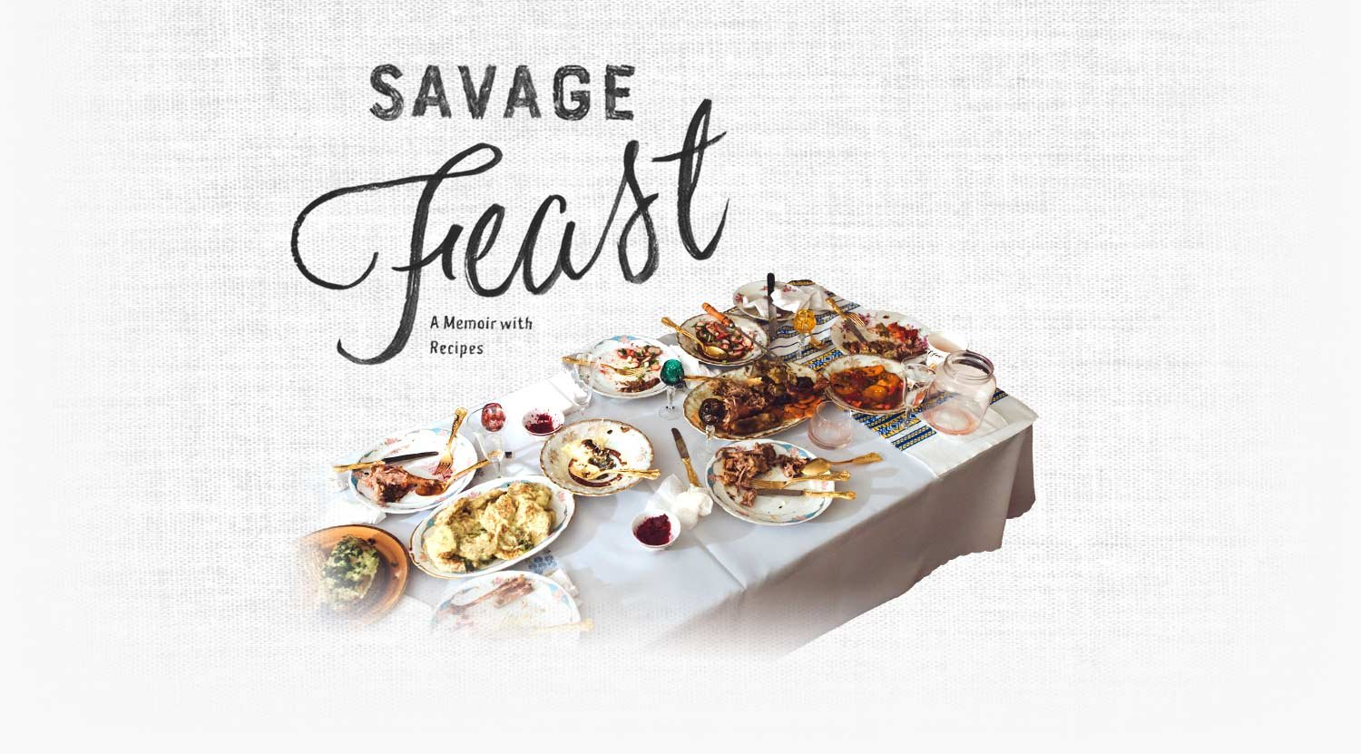 Savage Feast cover background. photo of a table with a white table cloth set for a feast.